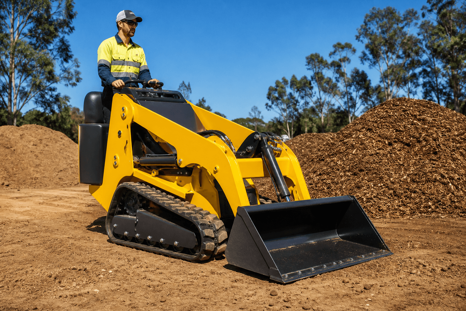 Wacker Neuson SM100 stand-on compact track mini loader with operator on a Queensland job site